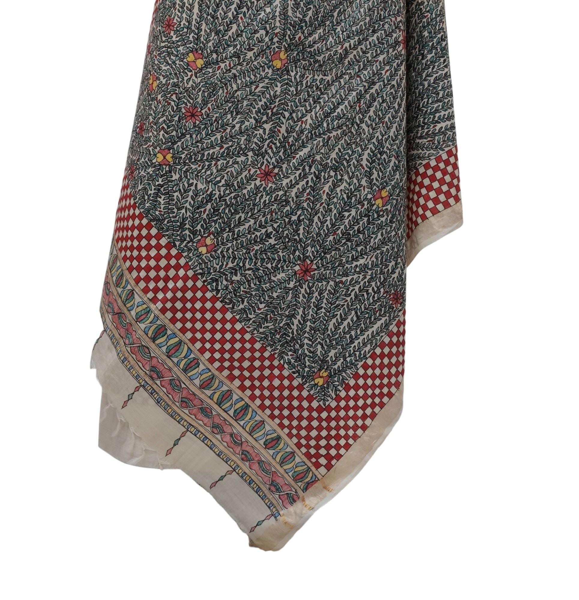 Hand-Painted Unstitched Tussar Munga Silk Kurti & Dupatta Set - Floral and Fauna